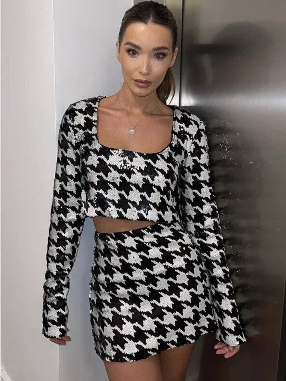 Zara Sequins Houndstooth Crop Top and Mini Skirt Set